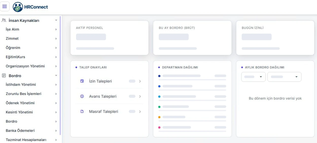 HRConnect'in Türkçe arayüzünde insan kaynakları ve bordro çalışma alanları.
