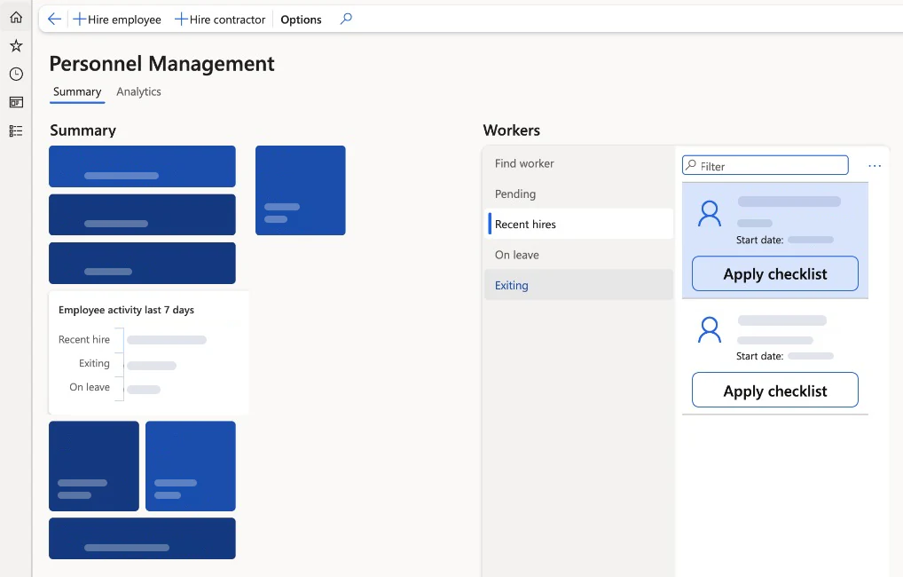 The Humanax personnel management workspace in Dynamics 365 Finance and Operations.