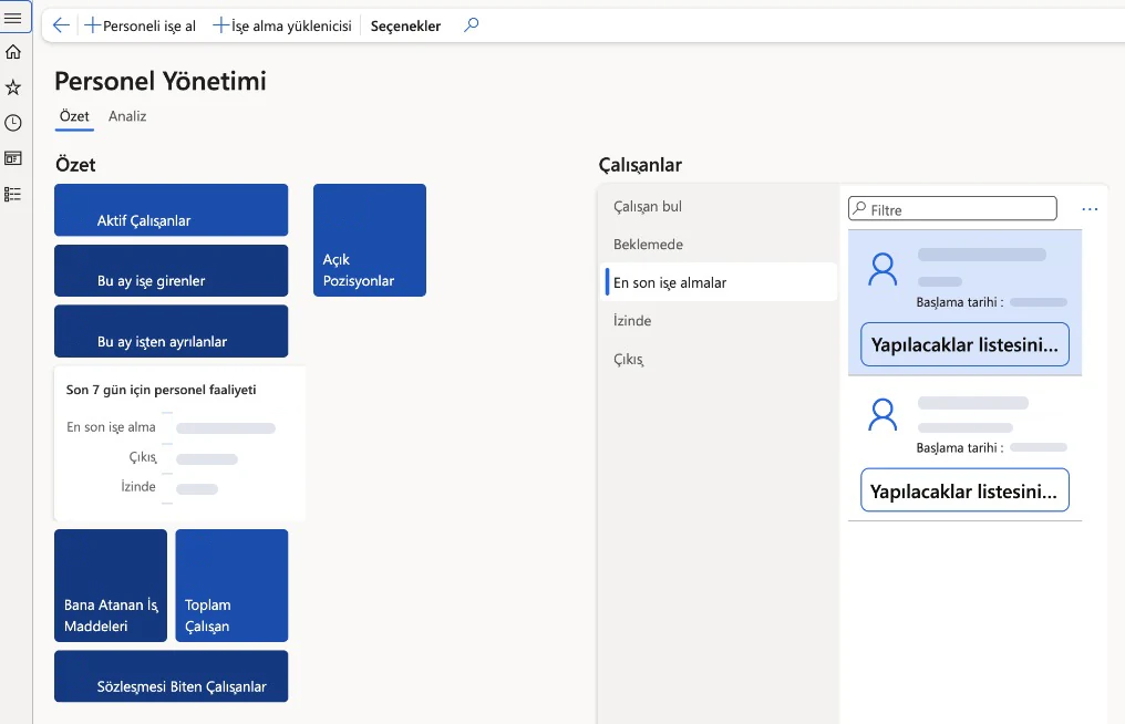 Dynamics 365 Finance & Operations içindeki Humanax personel yönetimi çalışma alanı.